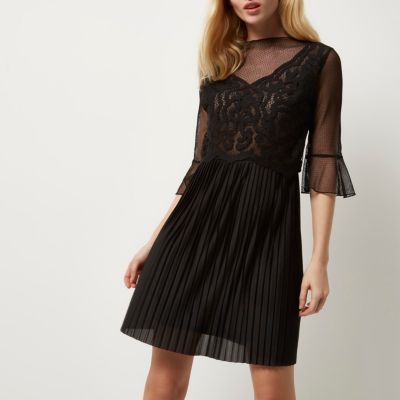Black mesh lace pleated dress